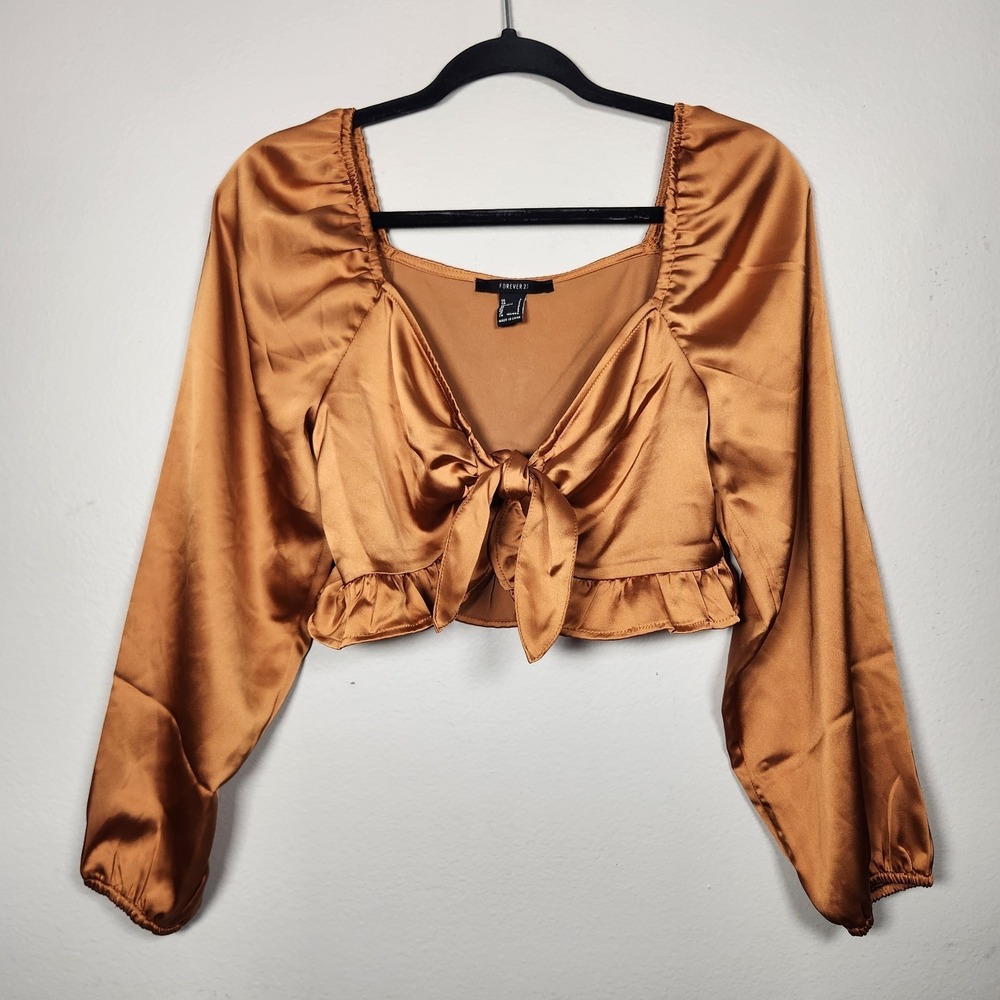 Forever 21 Satin Tie-Front Crop Top in Copper